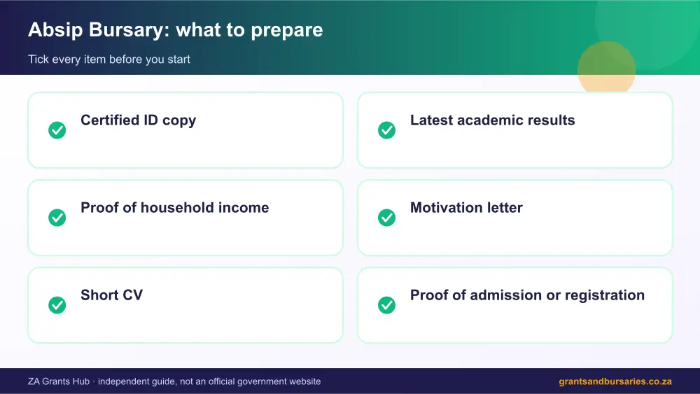 Absip Bursary documents checklist infographic – absip bursary South Africa 2026