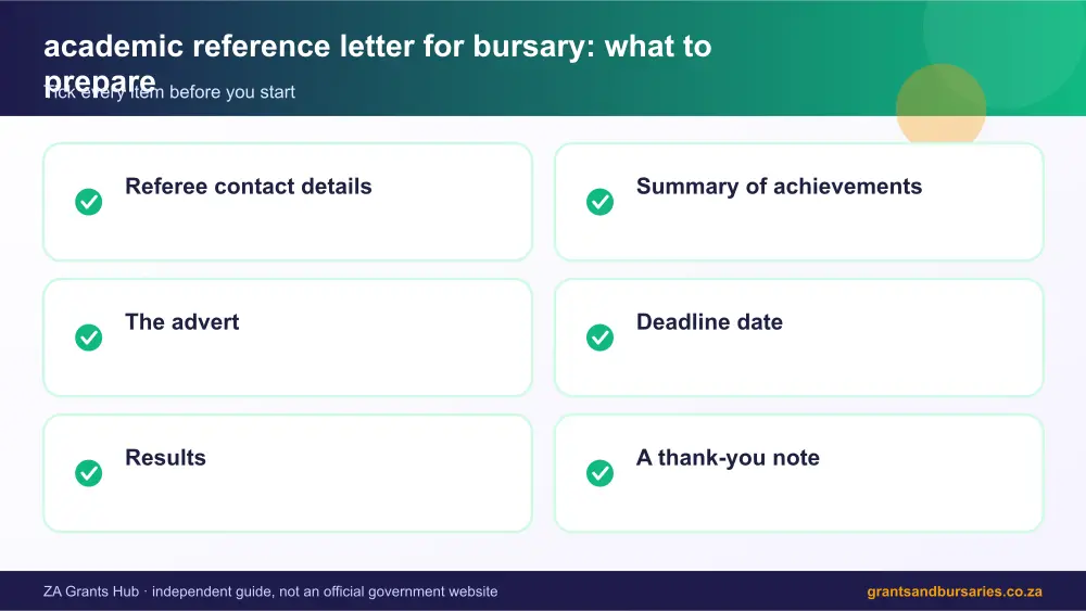 academic reference letter for bursary documents checklist infographic – academic reference letter for bursary South Africa 2026