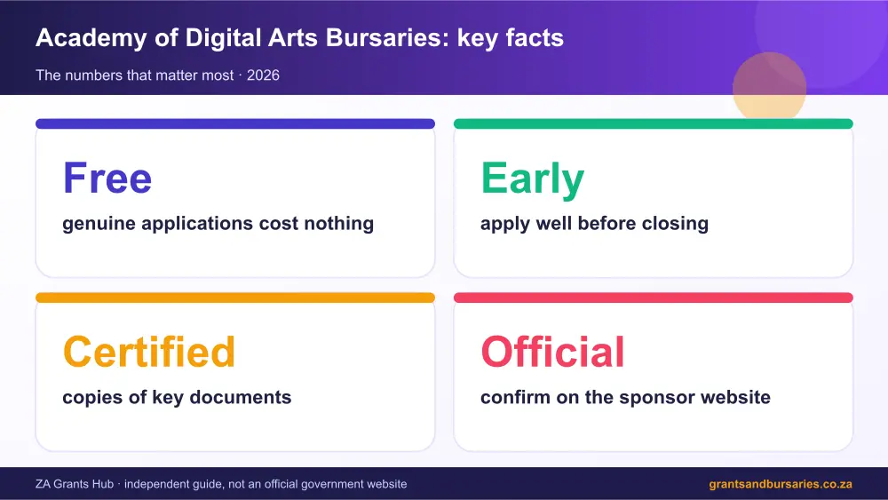 Academy of Digital Arts Bursaries key facts at a glance infographic – academy of digital arts bursaries South Africa 2026