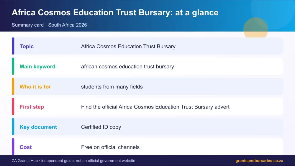 Africa Cosmos Education Trust Bursary at a glance summary infographic – african cosmos education trust bursary South Africa 2026