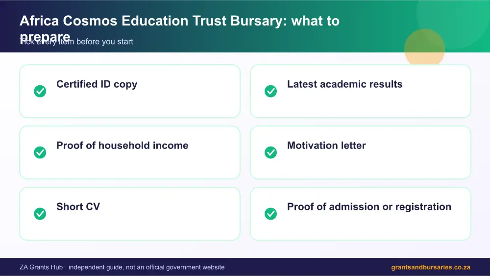 Africa Cosmos Education Trust Bursary documents checklist infographic – african cosmos education trust bursary South Africa 2026