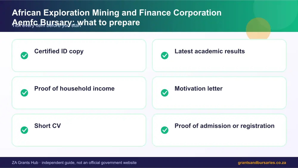 African Exploration Mining and Finance Corporation Aemfc Bursary documents checklist infographic – african exploration mining and finance corporation aemfc bursary South Africa 2026