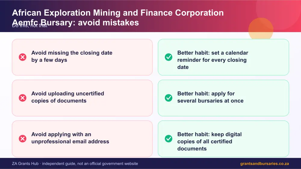 African Exploration Mining and Finance Corporation Aemfc Bursary mistakes to avoid and tips infographic – african exploration mining and finance corporation aemfc bursary South Africa 2026