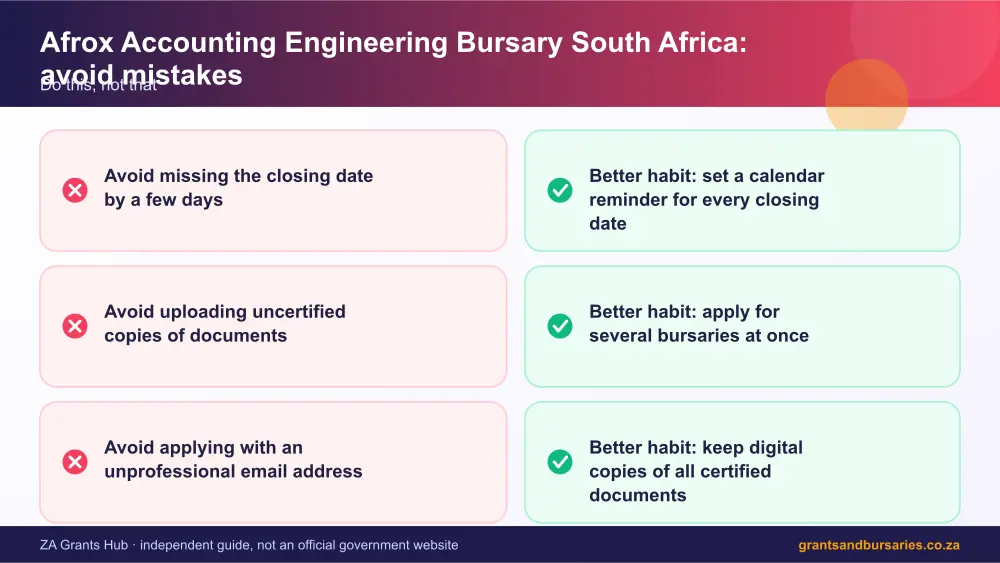 Afrox Accounting Engineering Bursary South Africa mistakes to avoid and tips infographic – afrox bursary South Africa 2026