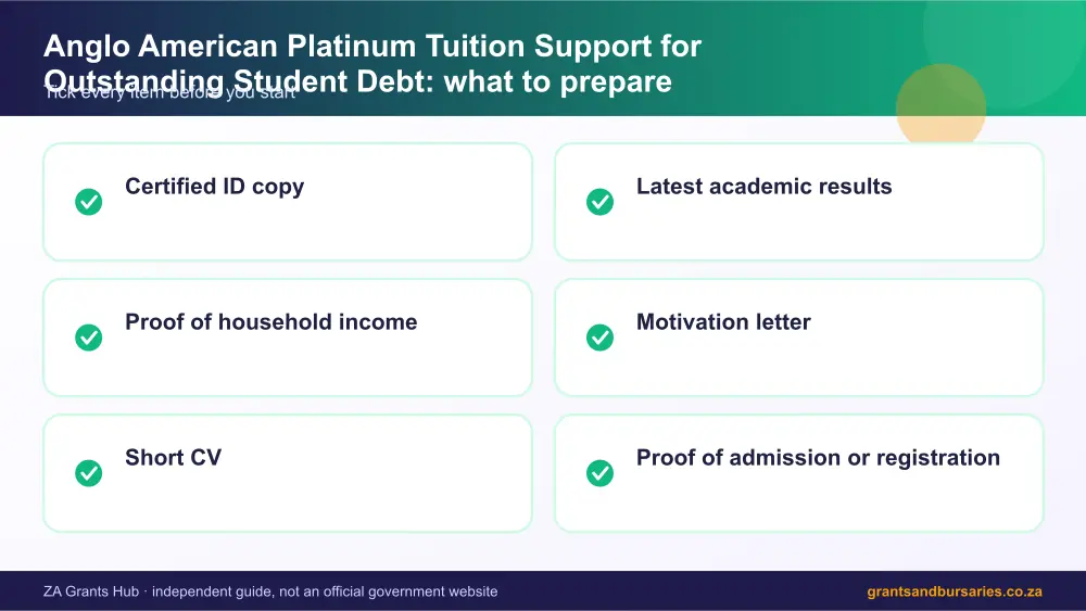 Anglo American Platinum Tuition Support for Outstanding Student Debt documents checklist infographic – anglo american platinum tuition support for outstanding student debt bursary South Africa 2026
