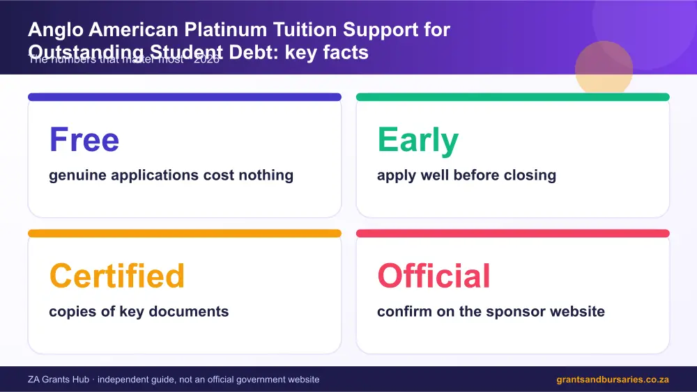 Anglo American Platinum Tuition Support for Outstanding Student Debt key facts at a glance infographic – anglo american platinum tuition support for outstanding student debt bursary South Africa 2026