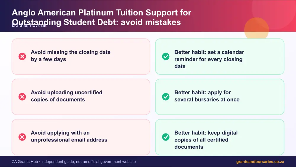Anglo American Platinum Tuition Support for Outstanding Student Debt mistakes to avoid and tips infographic – anglo american platinum tuition support for outstanding student debt bursary South Africa 2026