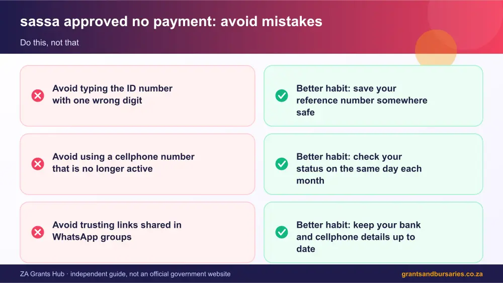 sassa approved no payment mistakes to avoid and tips infographic – sassa approved no payment South Africa 2026