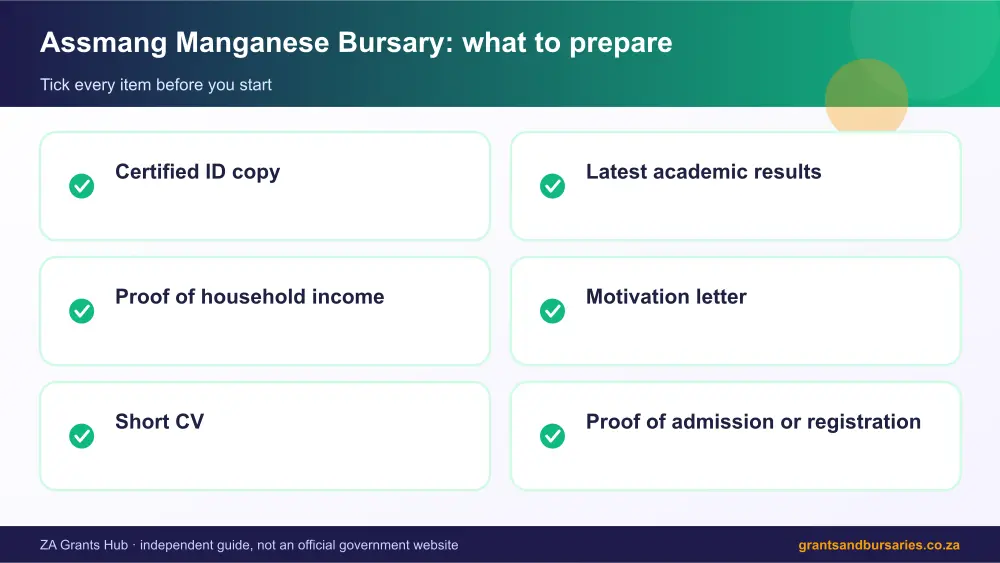 Assmang Manganese Bursary documents checklist infographic – assmang manganese bursary South Africa 2026