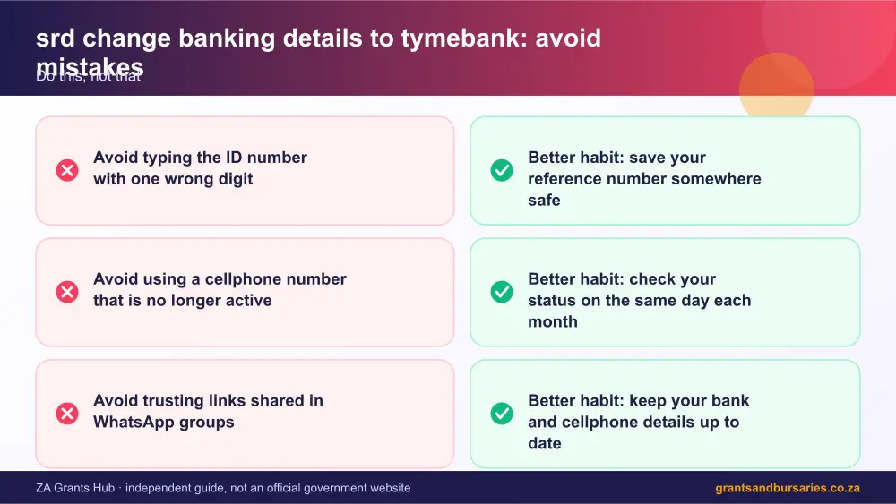 srd change banking details to tymebank mistakes to avoid and tips infographic – srd change banking details to tymebank South Africa 2026