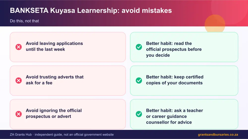 BANKSETA Kuyasa Learnership mistakes to avoid and tips infographic – bankseta kuyasa learnership South Africa 2026