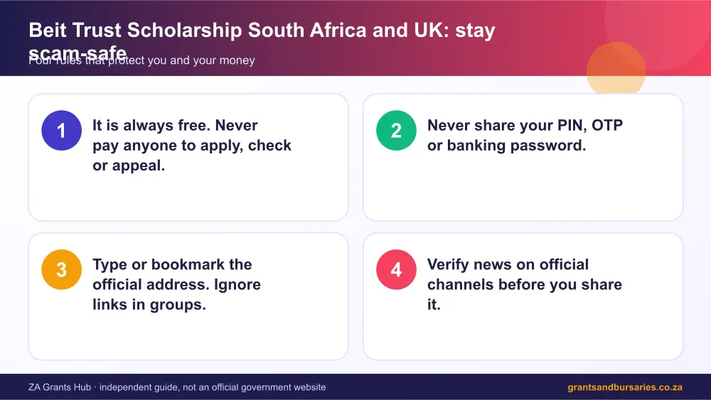 Beit Trust Scholarship South Africa and UK stay safe from scams infographic – bursaries for zimbabwean students in south africa South Africa 2026