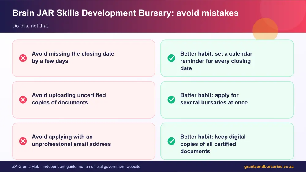 Brain JAR Skills Development Bursary mistakes to avoid and tips infographic – brain jar skills development bursary South Africa 2026