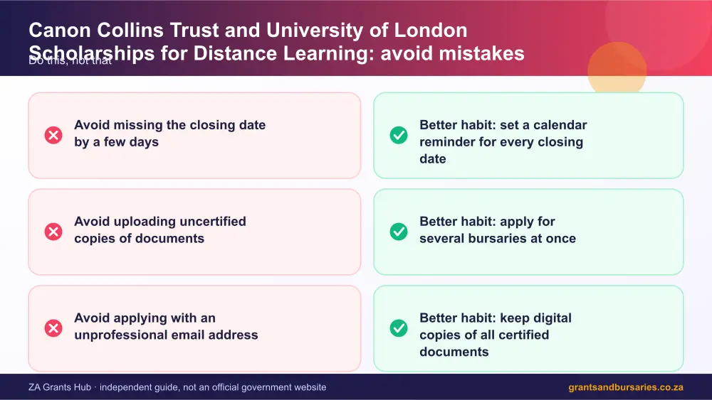 Canon Collins Trust and University of London Scholarships for Distance Learning mistakes to avoid and tips infographic – canon collins trust and university of london scholarships for distance learning scholarship South Africa 2026