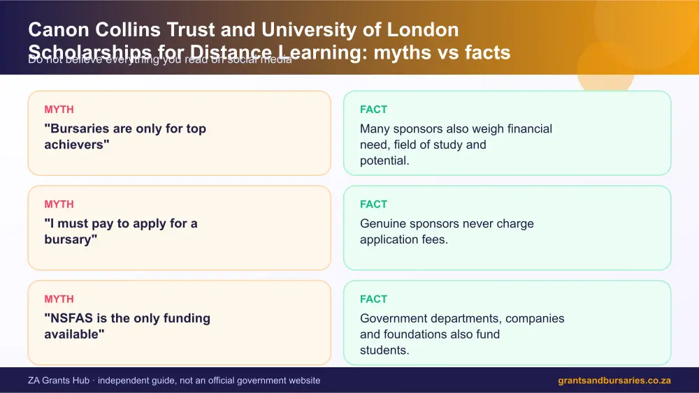 Canon Collins Trust and University of London Scholarships for Distance Learning myths vs facts infographic – canon collins trust and university of london scholarships for distance learning scholarship South Africa 2026