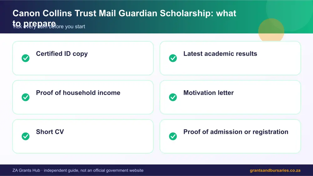 Canon Collins Trust Mail Guardian Scholarship documents checklist infographic – canon collins trust mail guardian scholarship bursary South Africa 2026