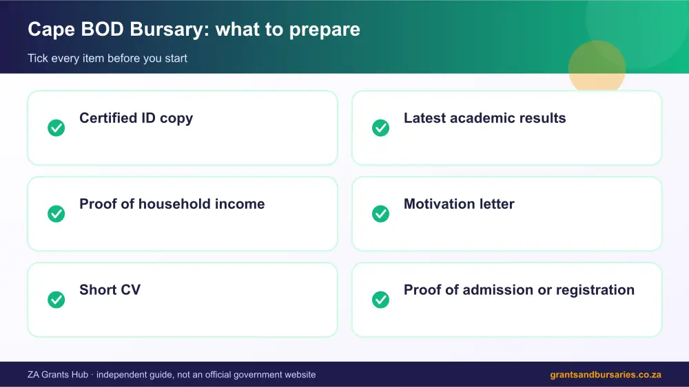 Cape BOD Bursary documents checklist infographic – cape bod bursary South Africa 2026