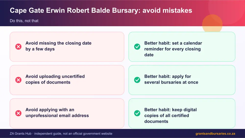 Cape Gate Erwin Robert Balde Bursary mistakes to avoid and tips infographic – cape gate erwin robert balde bursary South Africa 2026