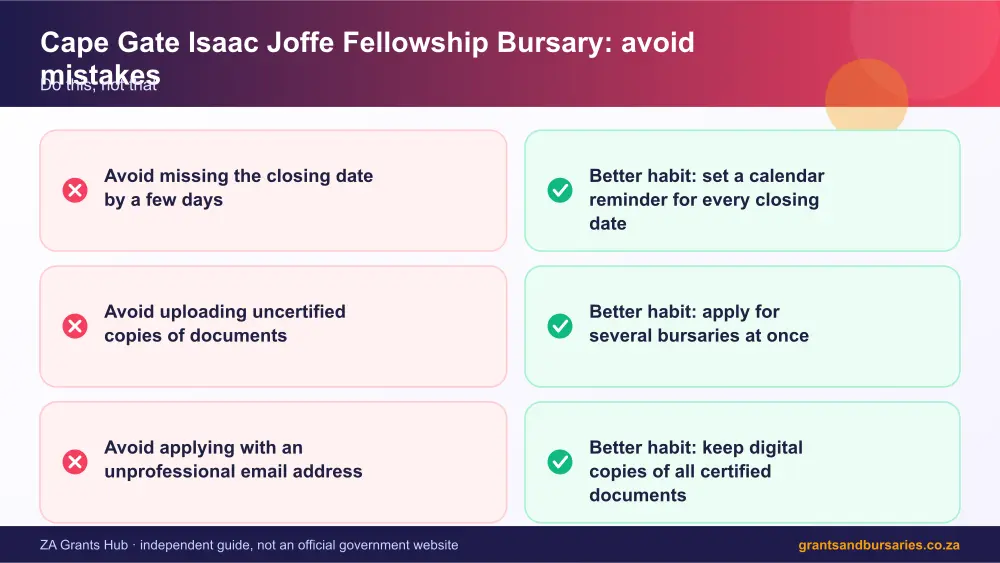 Cape Gate Isaac Joffe Fellowship Bursary mistakes to avoid and tips infographic – cape gate bursary South Africa 2026