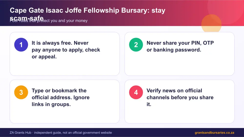 Cape Gate Isaac Joffe Fellowship Bursary stay safe from scams infographic – cape gate bursary South Africa 2026