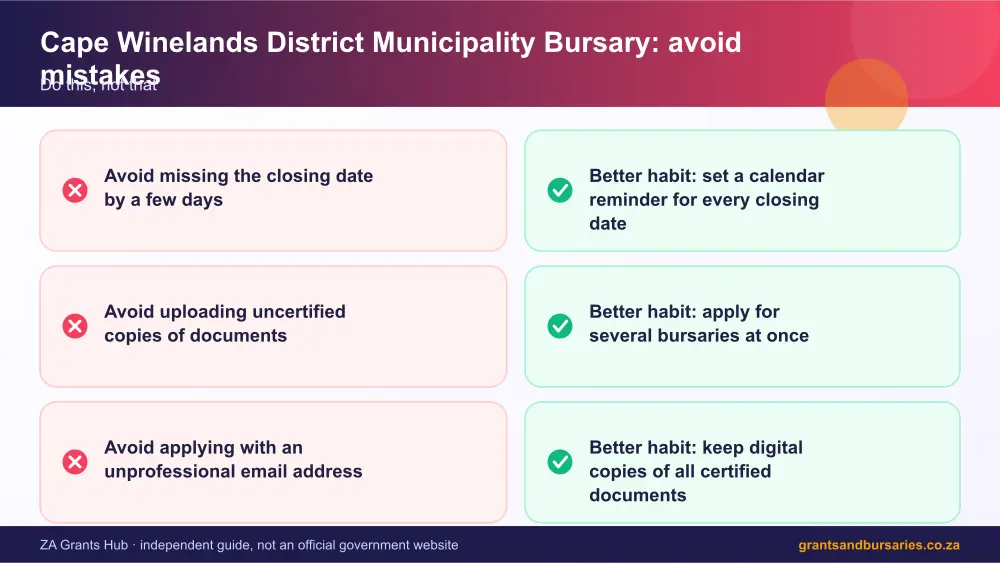 Cape Winelands District Municipality Bursary mistakes to avoid and tips infographic – cape winelands district municipality bursary South Africa 2026