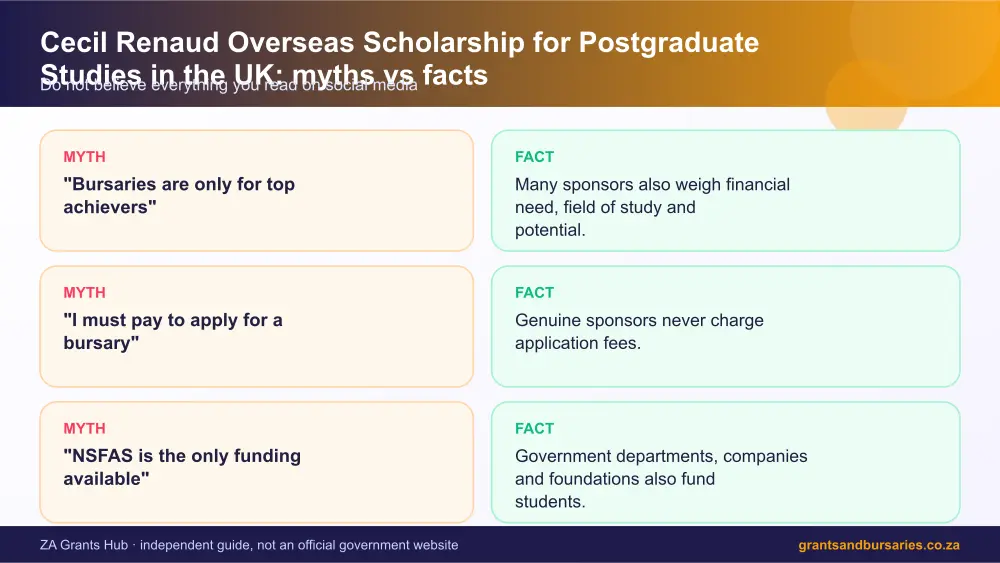 Cecil Renaud Overseas Scholarship for Postgraduate Studies in the UK myths vs facts infographic – cecil renaud bursary South Africa 2026