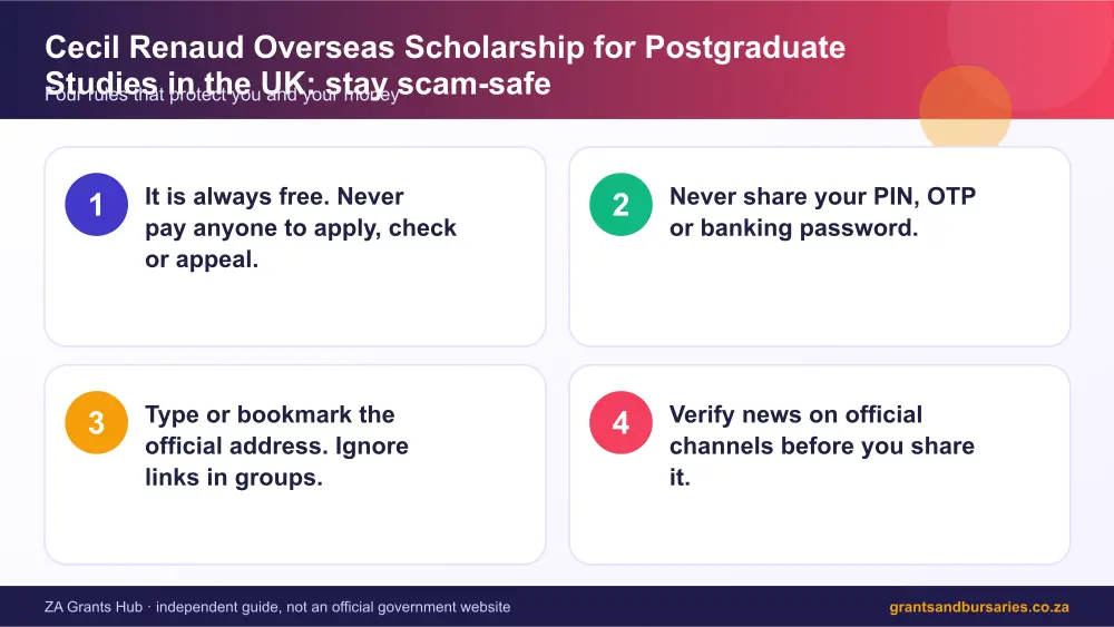 Cecil Renaud Overseas Scholarship for Postgraduate Studies in the UK stay safe from scams infographic – cecil renaud bursary South Africa 2026