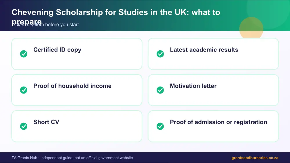 Chevening Scholarship for Studies in the UK documents checklist infographic – uk scholarship South Africa 2026