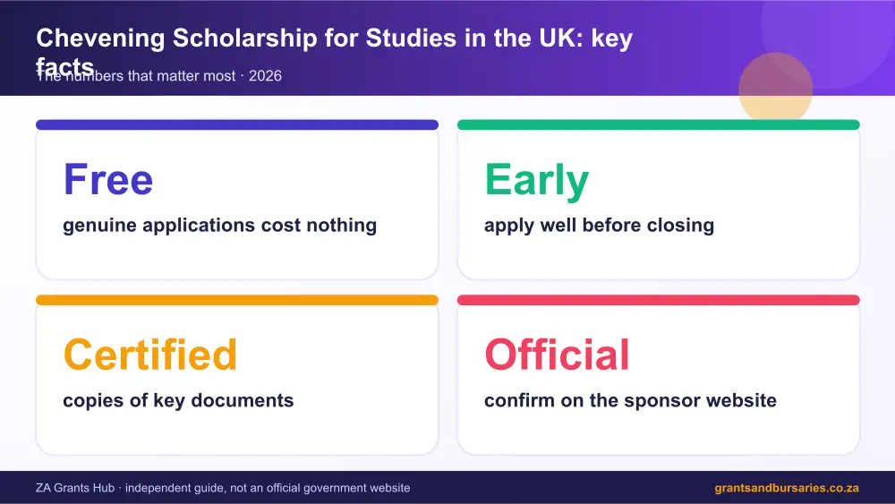 Chevening Scholarship for Studies in the UK key facts at a glance infographic – uk scholarship South Africa 2026