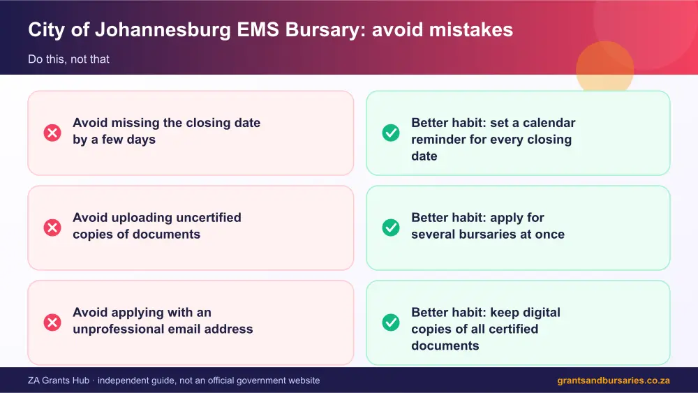 City of Johannesburg EMS Bursary mistakes to avoid and tips infographic – city of johannesburg ems bursary South Africa 2026