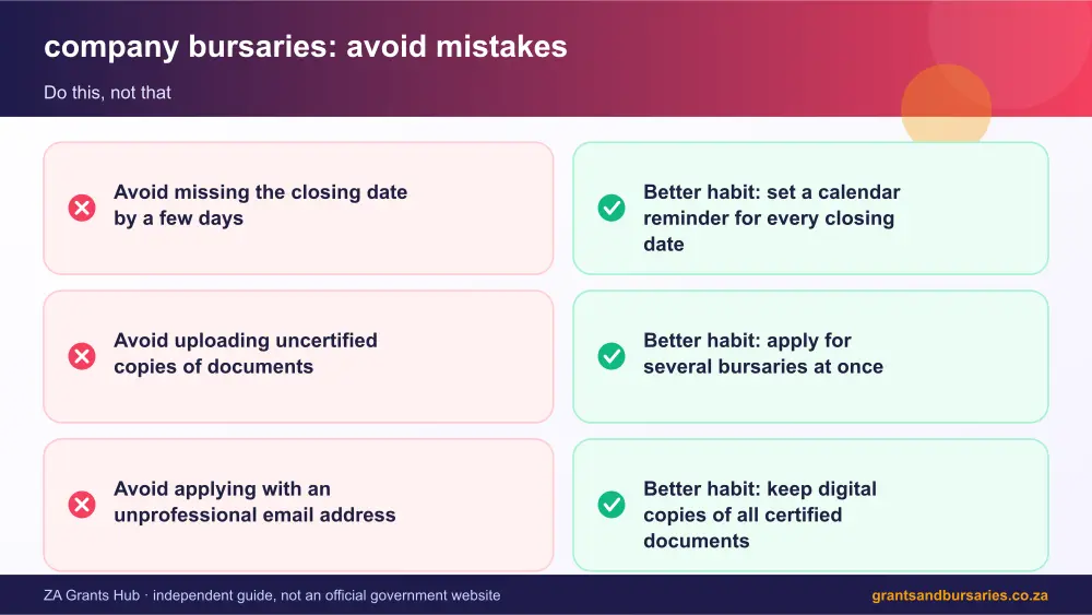 company bursaries mistakes to avoid and tips infographic – company bursaries south africa South Africa 2026