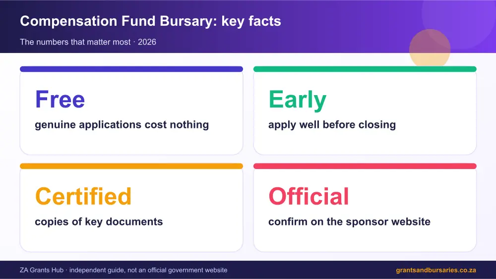 Compensation Fund Bursary key facts at a glance infographic – coid bursary South Africa 2026