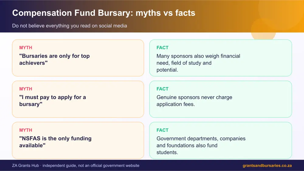 Compensation Fund Bursary myths vs facts infographic – coid bursary South Africa 2026