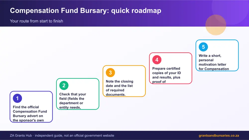 Compensation Fund Bursary quick roadmap infographic – coid bursary South Africa 2026