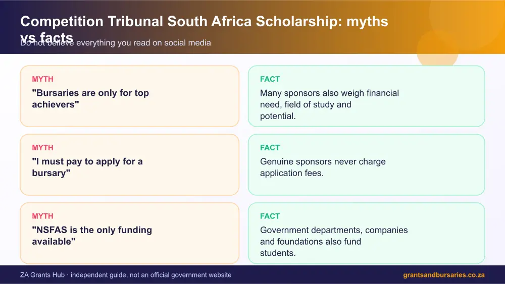 Competition Tribunal South Africa Scholarship myths vs facts infographic – competition tribunal scholarship bursary South Africa 2026