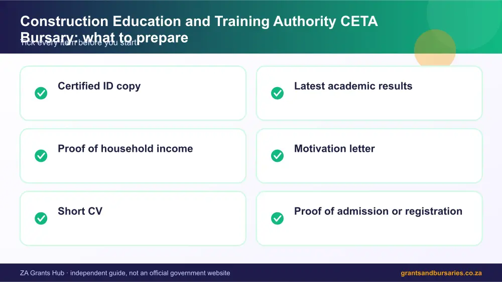 Construction Education and Training Authority CETA Bursary documents checklist infographic – ceta bursary South Africa 2026