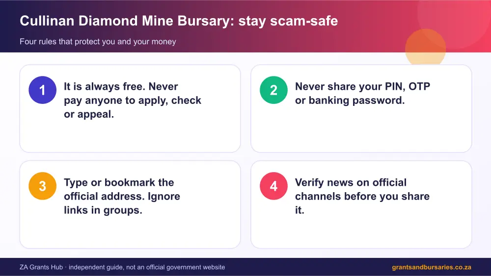 Cullinan Diamond Mine Bursary stay safe from scams infographic – cullinan diamond mine bursary South Africa 2026