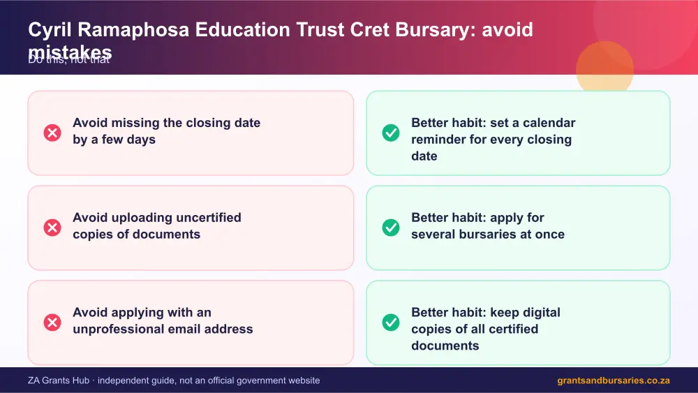 Cyril Ramaphosa Education Trust Cret Bursary mistakes to avoid and tips infographic – cyril ramaphosa bursary South Africa 2026