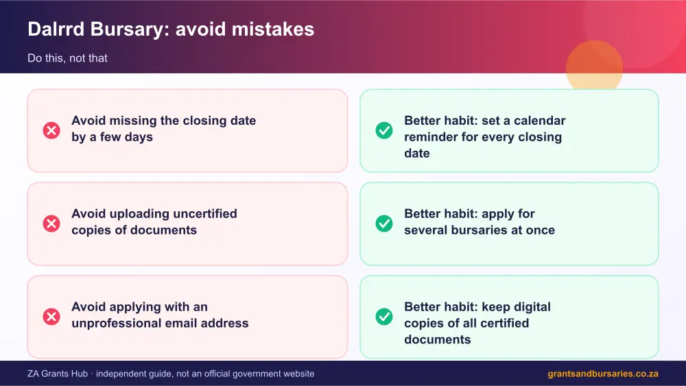 Dalrrd Bursary mistakes to avoid and tips infographic – dalrrd bursary South Africa 2026