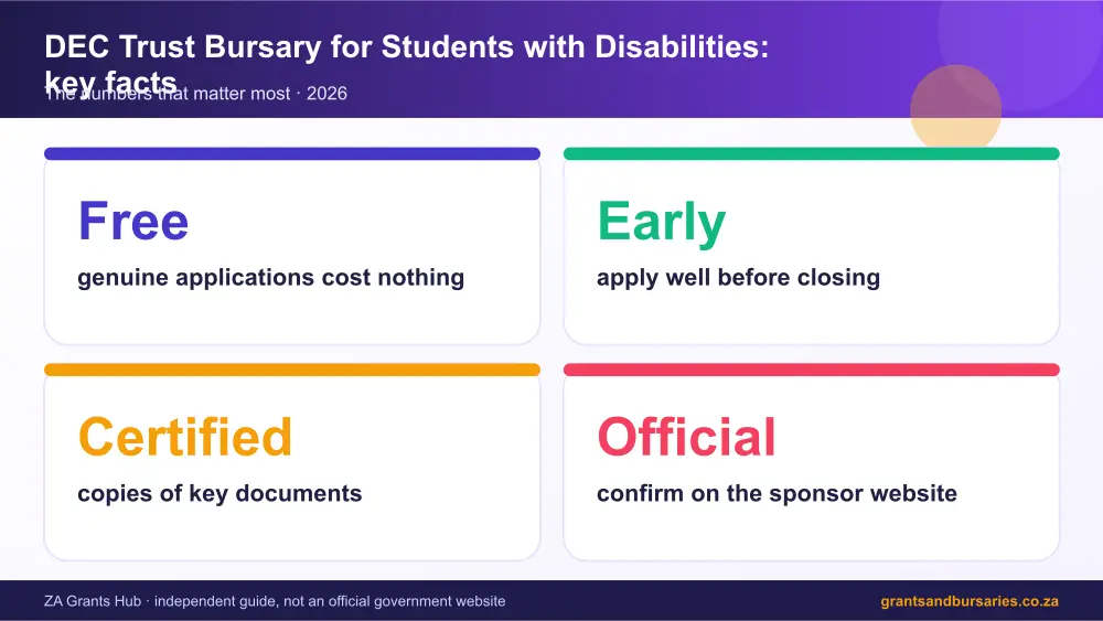 DEC Trust Bursary for Students with Disabilities key facts at a glance infographic – dec trust bursary for students with disabilities South Africa 2026