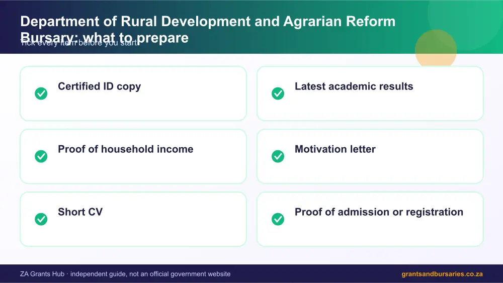 Department of Rural Development and Agrarian Reform Bursary documents checklist infographic – department of rural development and agrarian reform bursary South Africa 2026