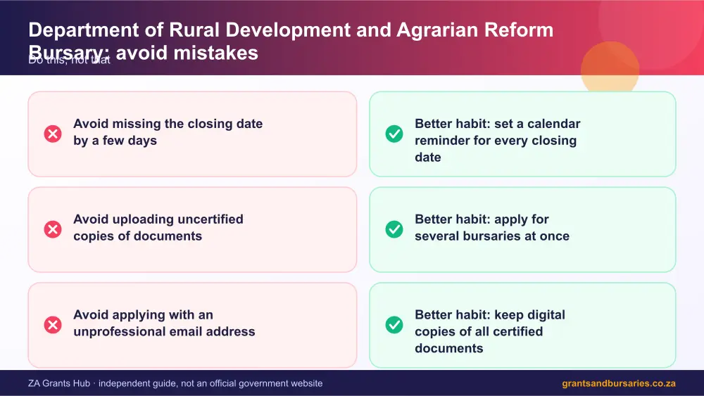 Department of Rural Development and Agrarian Reform Bursary mistakes to avoid and tips infographic – department of rural development and agrarian reform bursary South Africa 2026