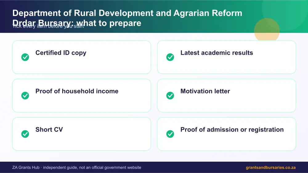 Department of Rural Development and Agrarian Reform Drdar Bursary documents checklist infographic – department of rural development and agrarian reform drdar bursary South Africa 2026