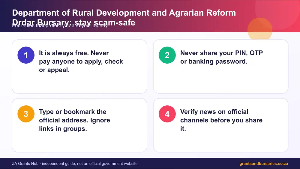 Department of Rural Development and Agrarian Reform Drdar Bursary stay safe from scams infographic – department of rural development and agrarian reform drdar bursary South Africa 2026