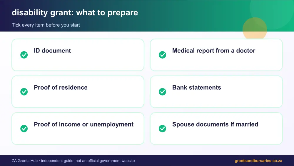 disability grant documents checklist infographic – sassa disability grant South Africa 2026