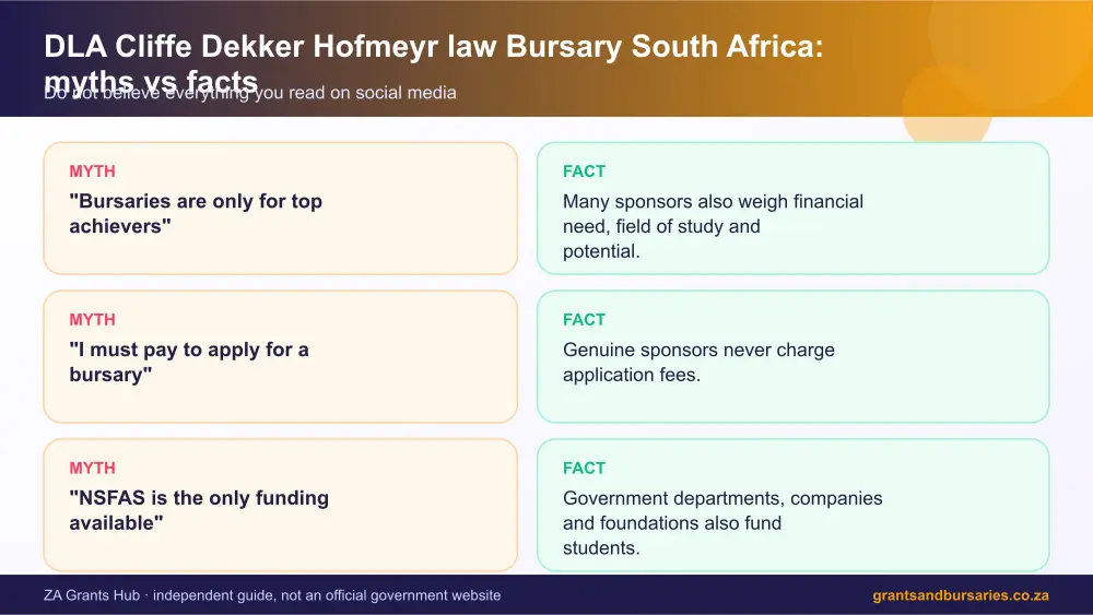 DLA Cliffe Dekker Hofmeyr law Bursary South Africa myths vs facts infographic – cliffe dekker hofmeyr bursary South Africa 2026