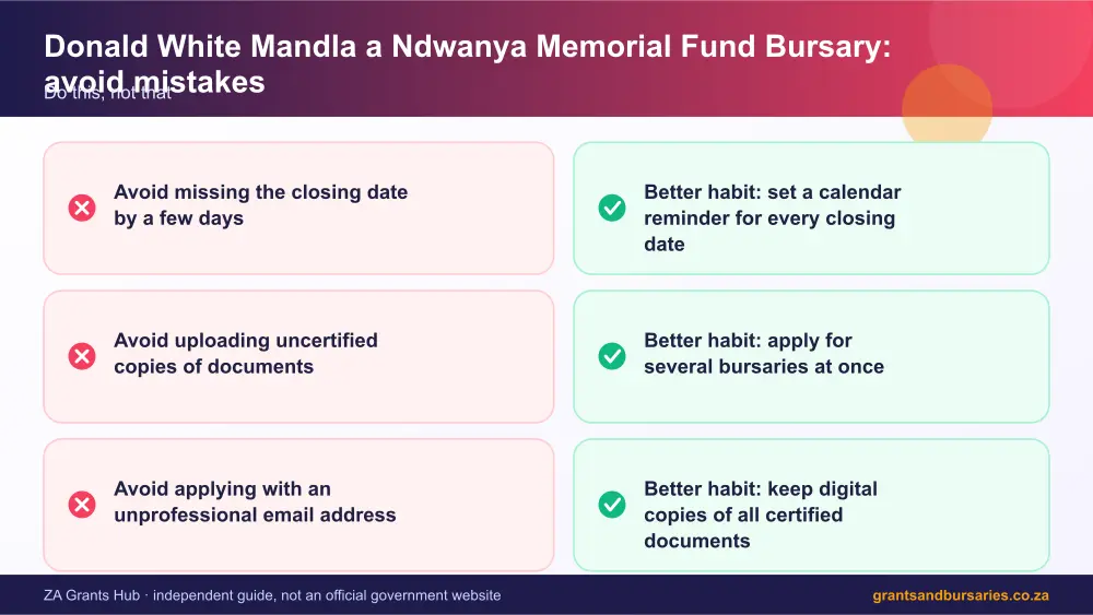 Donald White Mandla a Ndwanya Memorial Fund Bursary mistakes to avoid and tips infographic – donald white mandla a ndwanya memorial fund bursary South Africa 2026