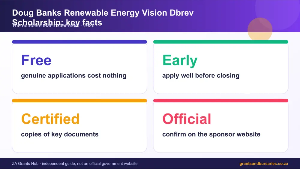 Doug Banks Renewable Energy Vision Dbrev Scholarship key facts at a glance infographic – doug banks renewable energy vision dbrev scholarship bursary South Africa 2026