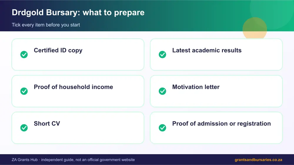 Drdgold Bursary documents checklist infographic – drdgold bursary South Africa 2026
