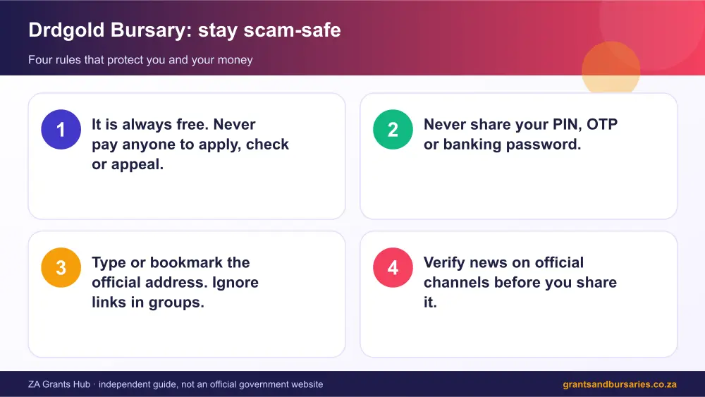Drdgold Bursary stay safe from scams infographic – drdgold bursary South Africa 2026